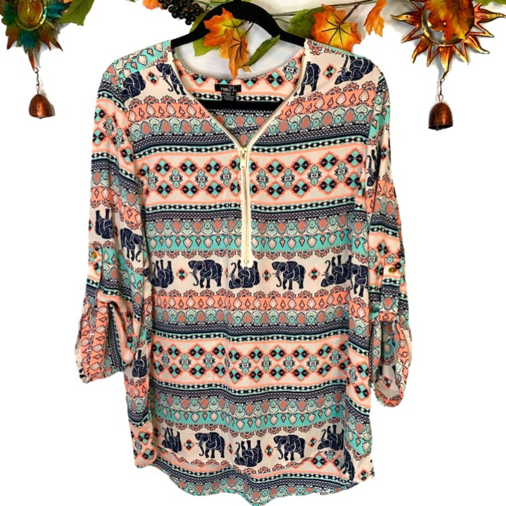 🌲 Rue 21 elephant boho high low spring blouse XL